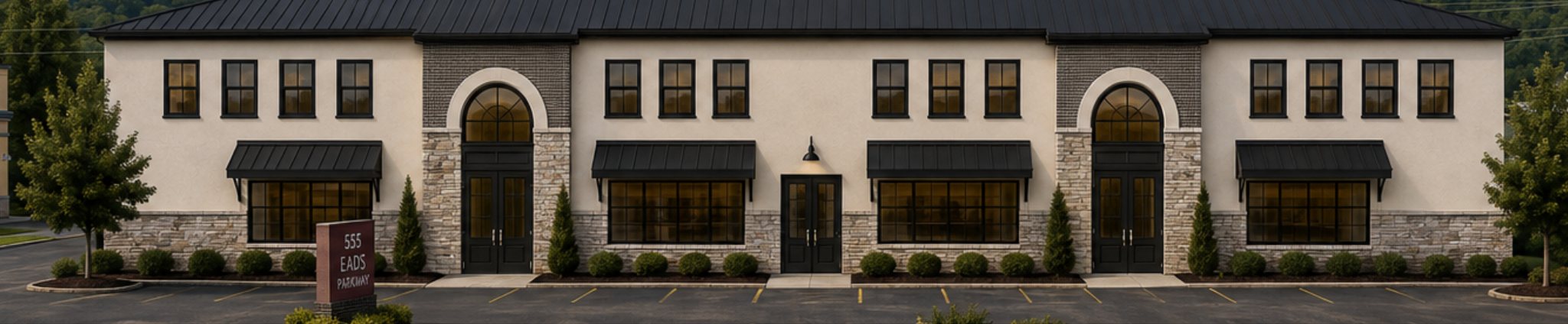 Conceptual rendering of planned exterior improvements at THE 555, showing a dark charcoal metal roof, off-white exterior, stone accents and updated landscaping.